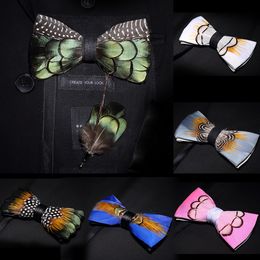 Cravates JEMYGINS original couleur unie plume noeud papillon broche ensemble homme cadeau de mariage mode à la main en cuir arc épingle boîte ensemble 230512