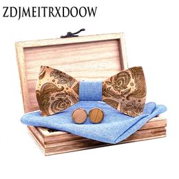 Cravates Bleu clair 3D Paisley Noeuds papillon en bois pour hommes Cravate en bois Gentleman Noeuds papillon à la main papillon cadeau de fête de mariage pour hommes T262 231128