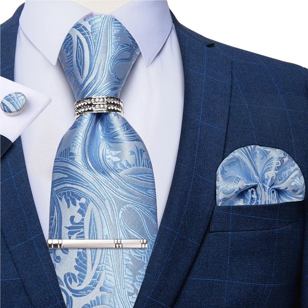 Cravates en soie Paisley bleu clair pour hommes, accessoires de marié de fête de mariage, ensemble de cravate avec anneau de cravate, pince en argent Gravata Masculina 231013