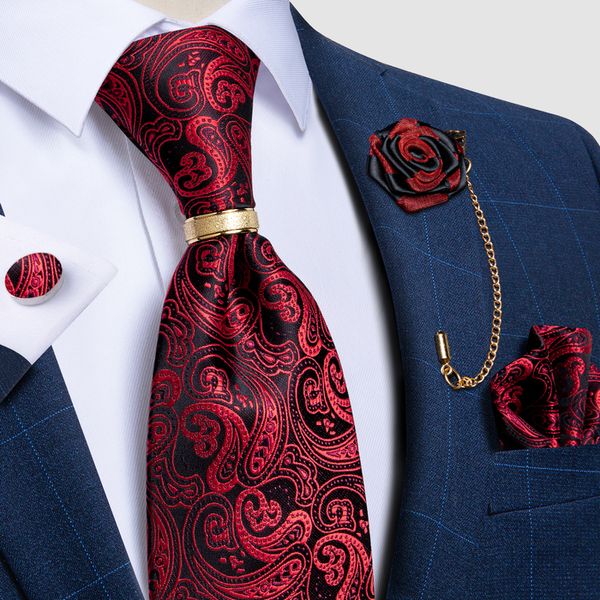 Cravates de luxe cravate rouge Paisley noir cravates pour hommes accessoires de mariage cravate mouchoir boutons de manchette épinglette cadeau pour hommes DiBanGu 230408