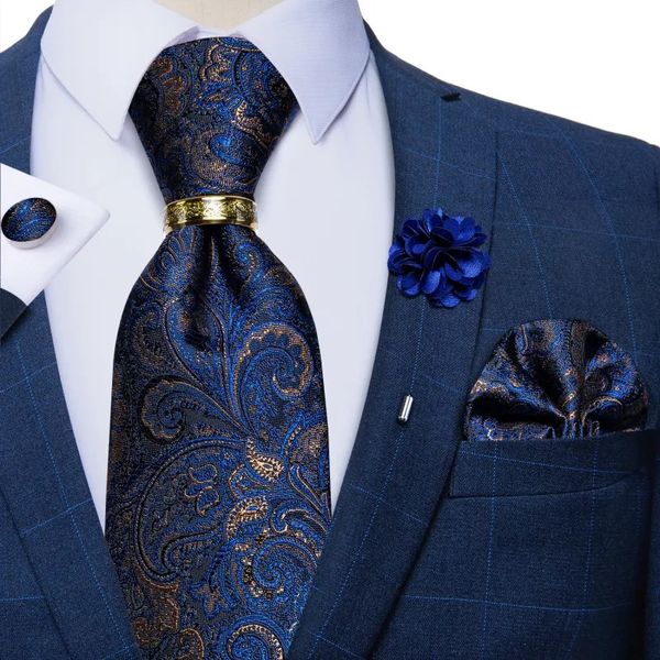 Cravates de luxe en soie Paisley bleu or pour hommes, ensemble de cravates de mariage d'affaires avec anneau de cravate, broche, boutons de manchette pour hommes, carré de poche 231013