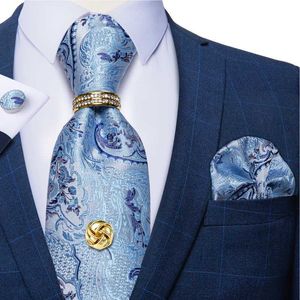 Nekbanden luxe ontwerper Blue Paisley Silk Ties Gifts For Men Gold Metal Tie Tack met Chain Tie Ring Dropshipping Dibangu J230227