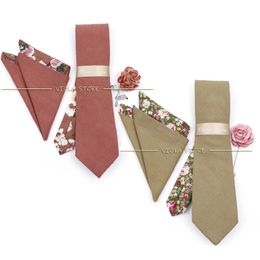 Stropdassen Luxe Patchwork Katoen Bloemen Effen 7 cm Stropdas Set Broche Pin Zakdoek Mannen Bruiloft Bloemen Das Cadeauaccessoire 231013