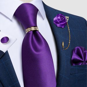 Cravates De Luxe Violet Solide Floral Soie Jacquard Tissé Cravate Ensemble pour Hommes Accessoires De Mode Broche Broche Bague En Or avec Strass Cadeau 230818