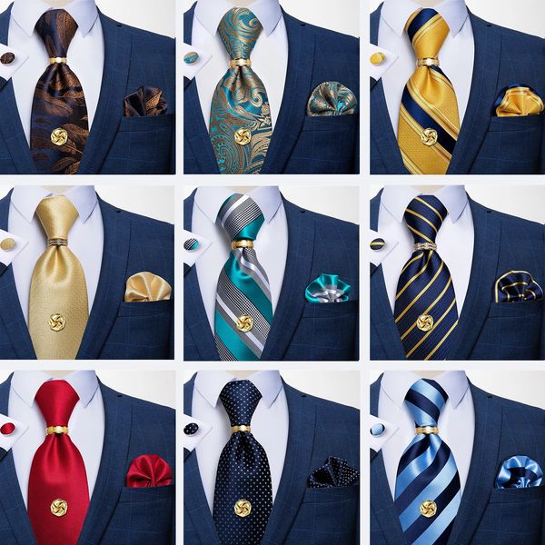 Cravates de cou Hommes Cravate Marine Or Rayé Business Cravate Formelle Mouchoir Cuffinks Bague Ensemble Jacquard Tissé Soie Cravate De Mariage DiBanGu 231117