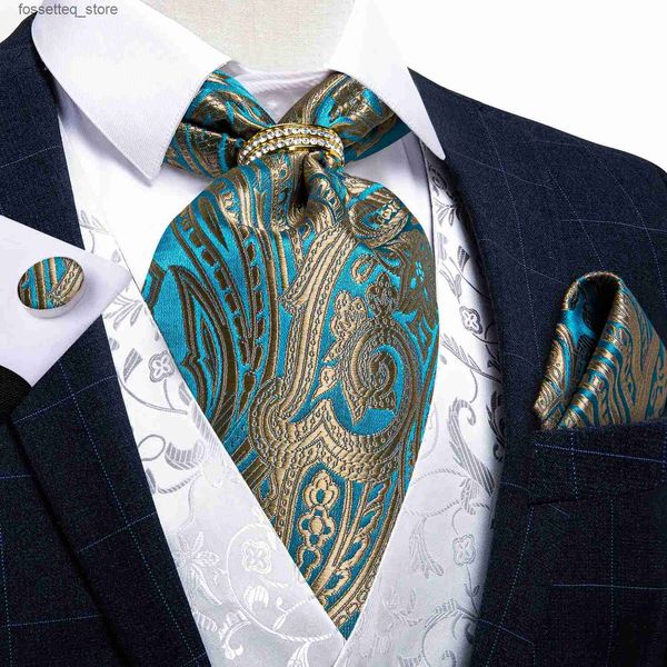 Corbatas para hombre Vintage Teal Blue Gold Paisley Formal Ascot Tie Self Estilo británico Caballero Seda Cravat Corbata Set Hanky Tie Ring DiBanGu L240313