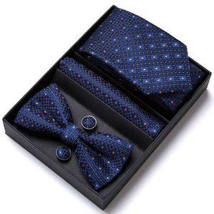 Corbatas para hombre de lujo Paisley Blue Silk Tie Pocket Squre Gemelos Bowtie Set en caja de regalo para hombres Gift J230227