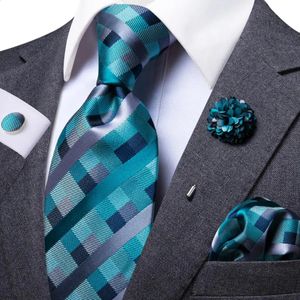 Cravates de cou Mens Cravate 85cm Large Plaid Bleu Soie Cravate De Mariage Poche Carrée Bouton De Manchette Ensemble Broche Cadeau pour Hommes Hitie Designer 231214