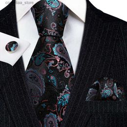 Cravates Livraison Gratuite Hommes Cravates Ensemble Noir Bleu Rose Paisley Soie Cravate Mouchoir Boutons De Manchette Ensemble Cadeau De Mariage BarryWang 5942 Y240325