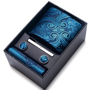 Cravates de cou Mix couleurs en gros 2023 Style soie cadeau de mariage cravate poche carrés ensemble boîte à cravate hommes Fit bleu Paisley 231206