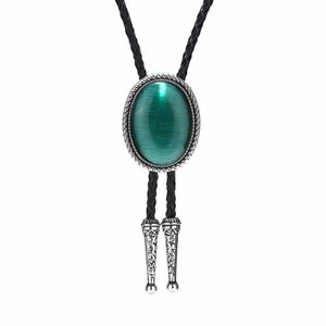 Nekbanden Naturel Stone Green Cat Oog Bolo Tie voor man Indian Cowboy Western Cowgirl Lederen Rope Zink Alloy Ntraltering