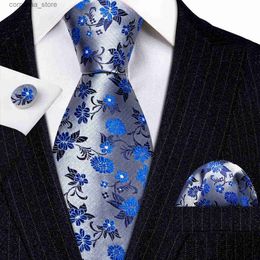 Cravates Cravates Cravates Designer Bleu Cravate En Soie Florale Pour Hommes Cravate Mouchoir Boutons De Manchette Ensemble De Fête De Mariage Affaires Gravatas BarryWang 6253 Y240325