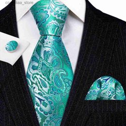 Cravates Cravates Cravates élégantes pour hommes, ensemble de cravates bleu vert Paisley en soie, boutons de manchette carrés de poche pour mariage, livraison gratuite BarryWang Tie Clip 5959 Y240325
