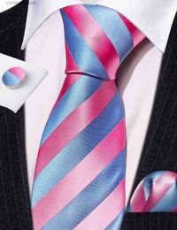 Cravates Cravates Cravates Exquises Rose Bleu Cravate Ensemble Pour Hommes Meilleur Nouvelle Cravate À Rayures En Soie Mouchoir Boutons De Manchette Marié Mariage Business Designer LN-6366 Y240325