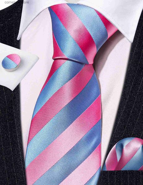 Cravates Cravates Cravates Exquises Rose Bleu Cravate Ensemble Pour Hommes Meilleur Nouvelle Cravate À Rayures En Soie Mouchoir Boutons De Manchette Marié Mariage Business Designer LN-6366 Y240325