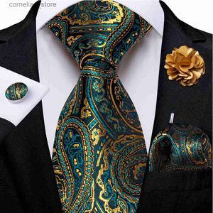 Stropdassen Stropdassen Groen en Goud Paisley Heren Zijden Stropdas Broche Pin Handvat Manchetknopen Zakelijk Bruiloft Set Bruidegom Accessoires Cadeau Y240325