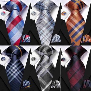 Cravates Cravates Cravates Hi-Tie Designer Cravate De Mariage En Soie Pour Hommes Bleu Blanc Plaid Handky Bouton De Manchette Ensemble Cravate De Mode Pour Hommes Fête D'affaires En Gros Y240325