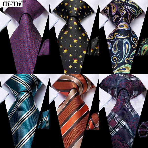 Cravates Cravates Hi-Tie Bleu Marine Paisley Hommes Mode Cravate Mouchoir Boutons De Manchette pour Accessoire De Smoking ic Soie Cadeau De Luxe Cravate pour Hommes Y240325