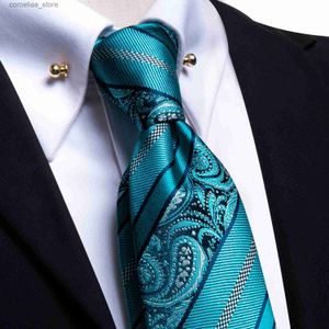 Stropdassen Hi-Tie Nieuwe Luxe Blauwgroen Blauwe Bruiloft Stropdas Heren Stropdas Glod Kraag Pin Effen Handky Manchetknopen Set Stropdas Voor Mannen Luxe Hoge Kwaliteit Y240325