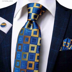 Stropdassen Hi-Tie Nieuwe Geel Blauw Geruite Heren Stropdas Set Luxe Zijden 8,5 cm Grote Stropdas Voor Mannen Mode Hanky Manchetknopen Set Bruiloft Kwaliteit Y240325