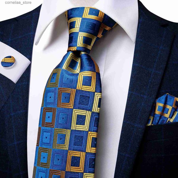 Corbatas para el cuello Hi-Tie New Yellow Blue Plaid Mens Tie Set Seda de lujo 8.5 cm Corbata grande para hombres Moda Hanky Gemelos Set Calidad de boda Y240325