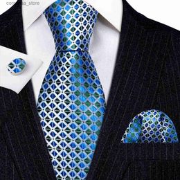Cravates Cravates de luxe bleu vert Plaid cravate en soie pour hommes cravate mouchoir boutons de manchette ensemble fête de mariage Gravata Corbatas BarryWang 6263 Y240325