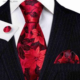 Cravates Cravates Cravates de luxe pour hommes rouge noir feuilles florales or bleu cravate en soie Hanky boutons de manchette ensemble accessoires de mariage BarryWang 6159 Y240325