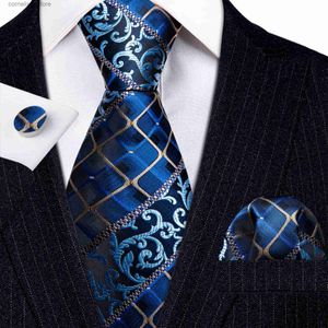Cravates Cravates Nouveau Bleu Plaid Soie Hommes Cravate Cadeau De Mariage Barry.Wang Designer 3PC Cravate Mouchoir Boutons De Manchette Ensemble Business Groom LN-5810 Y240325