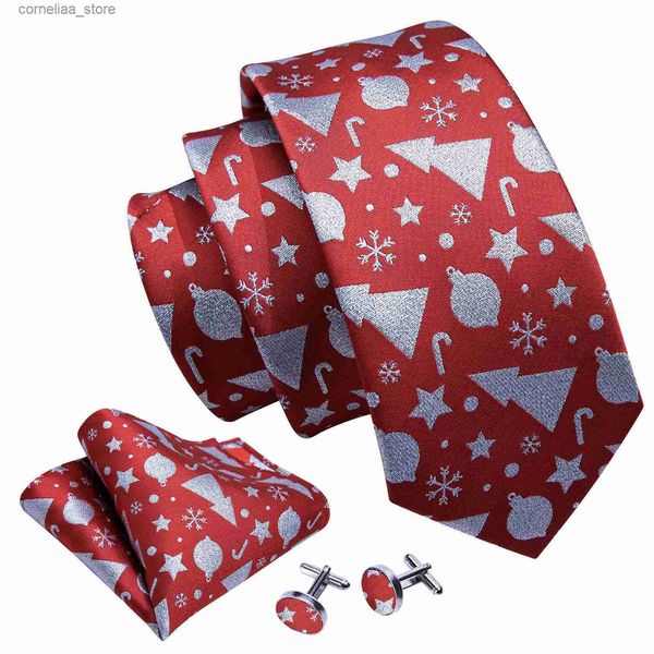 Cravates Cravates Cravates en soie rouge Noël hommes cravate de luxe cravate mouchoir boutons de manchette ensemble joyeux Noël Festival cloche renne neige arbre du Père Noël Barry.Wang Y240325