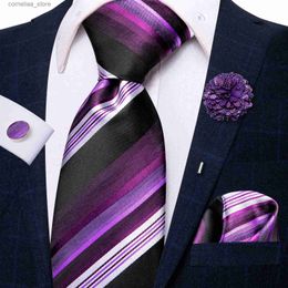 Cravates Cravates Cravates Rayées Violet Cravate Blanche Avec Broche Cravate Élégante En Soie Pour Hommes Bouton De Manchette Handky Mode De Mariage Fête D'affaires Hi-Tie Designer Y240325