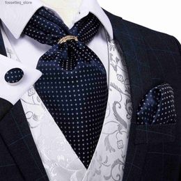 Cravates de cou Nouveau Design Hommes Soie Cravat Navy Dot Formelle Ascot Cravate Mouchoir Ensemble Avec Bague De Mariage Formelle Auto Cravate Cravate DiBanGu L240313