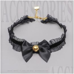 Corbatas de cuello Princesa Lolita Collar Campana de perro Gótico Gargantilla de encaje negro Retro Dulce Perla Bowknot Collares Cosplay Fiesta Joyería Gota D DHPC1