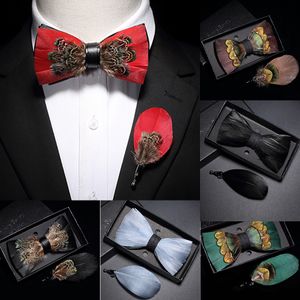 Stropdassen Ricnais Natural Men's Brid Feather Bow Tie Exquisite Hand Made Bowtie Brooch Pin Gift Box Set For Men Wedding Party Accessories 230728