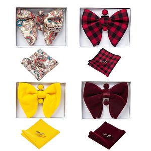 Corbatas Ricnais Velvet Big Bow Tie Pajaritas para hombres Pocket Square Gemelos Set Solid Red Blue Pañuelo Corbata para hombre Regalo de boda 230613