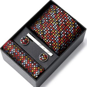 Cravates Ensemble Coffret Cadeau pour Hommes D'affaires 7.5cm Plaid Paisley Polyester Cravate Poche Carrée Clip Boutons De Manchette Mouchoir 6pcs Cadeaux 231013