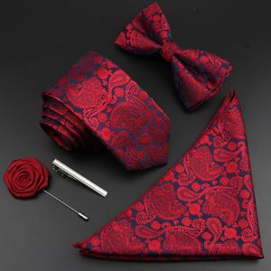 Coules de cou Couleur Couleur Silk Men Tie Tie Set Polyester Jacquard Woven Coldie Bowtie Suit vintage Bleu rouge pour le marié Business Wedding Party 230811