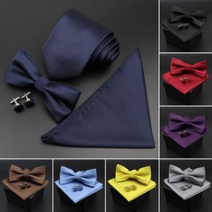 Cravates de cou couleur unie rayé noeud papillon mouchoir boutons de manchette ensemble hommes mode papillon fête de mariage noeuds papillon nouveauté cadeau sans boîte 230822