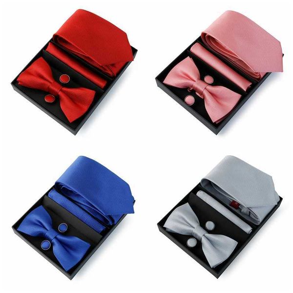 Corbatas de color sólido Conjunto de corbata Hombres Caja Clásica Raya Sólido Corbata Traje Vintage Azul Rojo Verde Pajarita para el novio Fiesta de bodas de negocios J230227