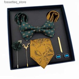 Neck Ties Conjunto de corbata verde vintage para hombre Corbatas de lujo para regalo de boda Pajarita Pañuelo Gemelos Clip de corbata Conjunto de broche para corbata masculina L240313