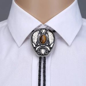 Vintage western feuille oeil de tigre pierre bolo cravate pour homme handmakde indien cowboy cowgirl cuir corde en alliage de zinc cravate 231206