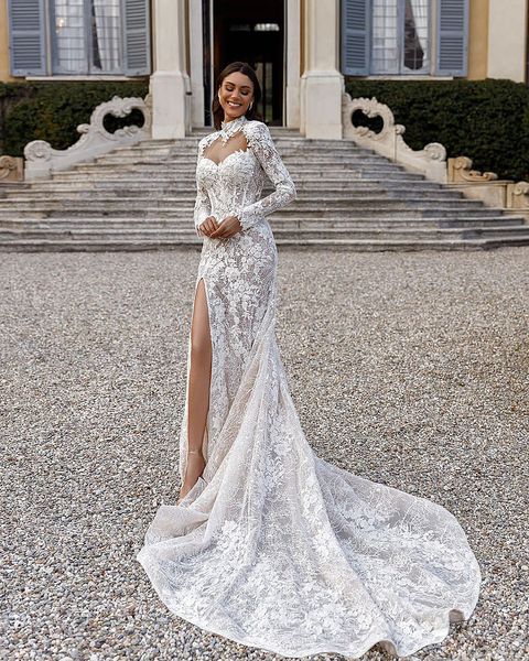 Neck Vintage High Mermaid Robes de mariée Appliques broderies Bouches nuptiales avec manche à manches longues coutume formelle coutume