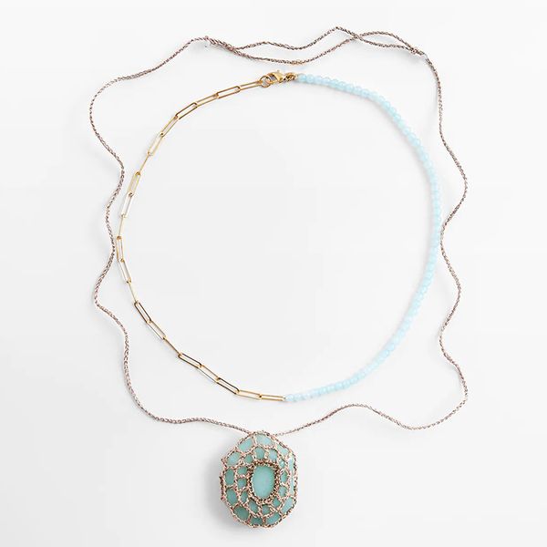 Collier 2 pièces/ensemble mode pierre bleue perlée or chaîne en métal colliers pour femmes à la main tissage résine grands pendentifs collier