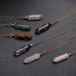 Ketting 2022 Crystal zeshoekige natuurlijke cilindrische stenen hanger draad wrap stenen ketting voor vrouwen mannen mode sieraden