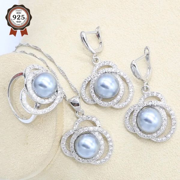 Collier 3 couleurs perle 925 argent ensemble de bijoux de mariage pour femmes blanc gris rose boucles d'oreilles collier pendentif bague boîte-cadeau