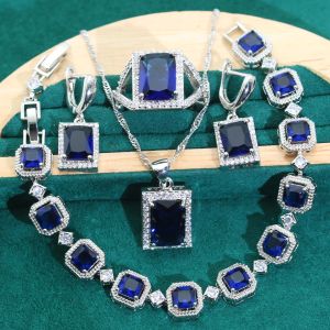 Collier 925 ensembles de bijoux en argent pour les femmes de mariage géométriquement bleu Zircon Bracelet boucles d'oreilles collier pendentif bague cadeaux de vacances
