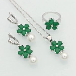 Collier 925 bijoux en argent Sterling vert créé émeraude blanc perles ensembles de bijoux pour les femmes anniversaire boucles d'oreilles/pendentif/collier/bague