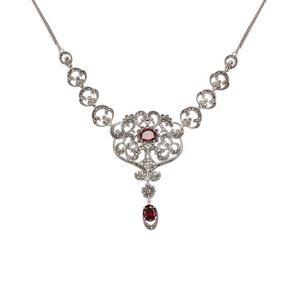 Collar de plata de ley 925, collares de piedra de circón rojo de estilo magnífico de palacio para mujer, accesorios de joyería de marcasita