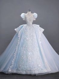 Collier robe de bal robes de mariage élégantes belles manches manches bateau dentelle robes appliques longues