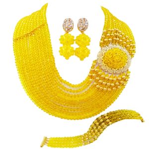 Collier meilleure vente nouveau Costume en cristal jaune nigérian africain perles de mariage bijoux colliers ensemble Nc1265
