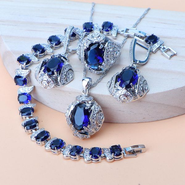 Collier Bleu Zircon 925 Ensembles de Bijoux en Argent Dames Boucles d'oreilles de Mariée Bracelets en Pierre Bijoux de Mariage pour Femmes Bagues Pendentif Collier Ensemble